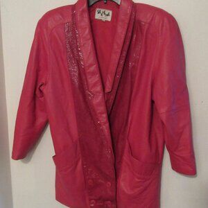 Vintage 80s Leather Blazer Jacket Women Red Medium